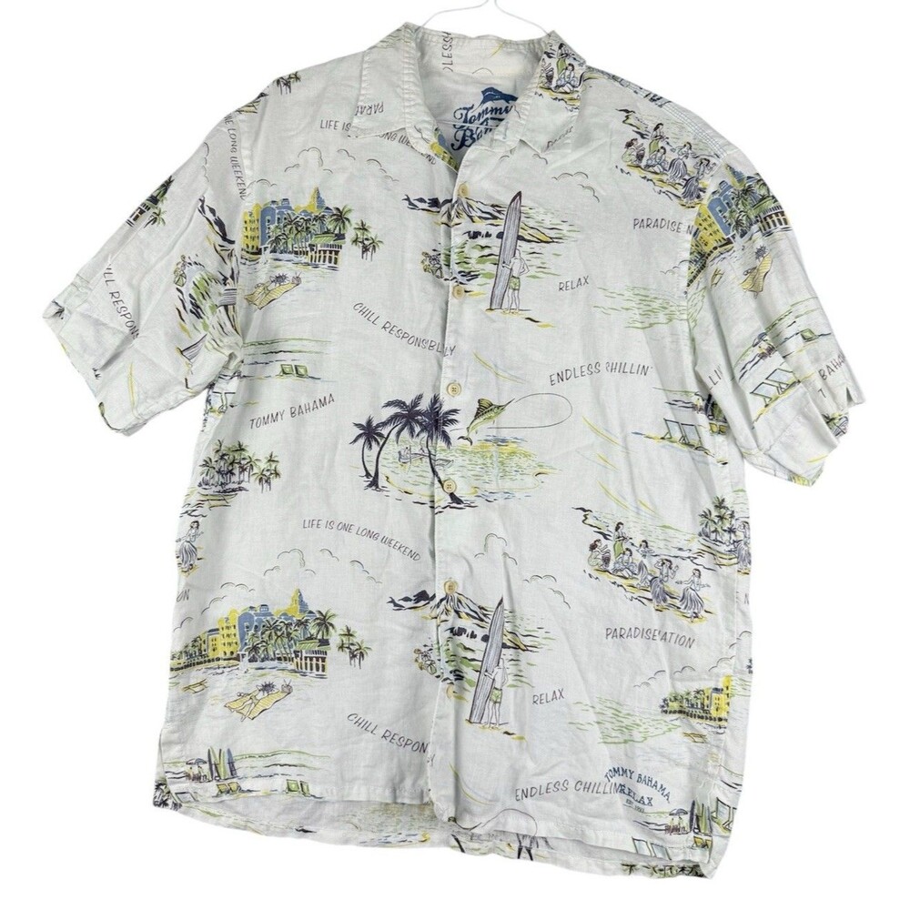 Tommy Bahama Shirt Mens L White 100% Linen Floral Hawaiian Aloha Tropical Prints